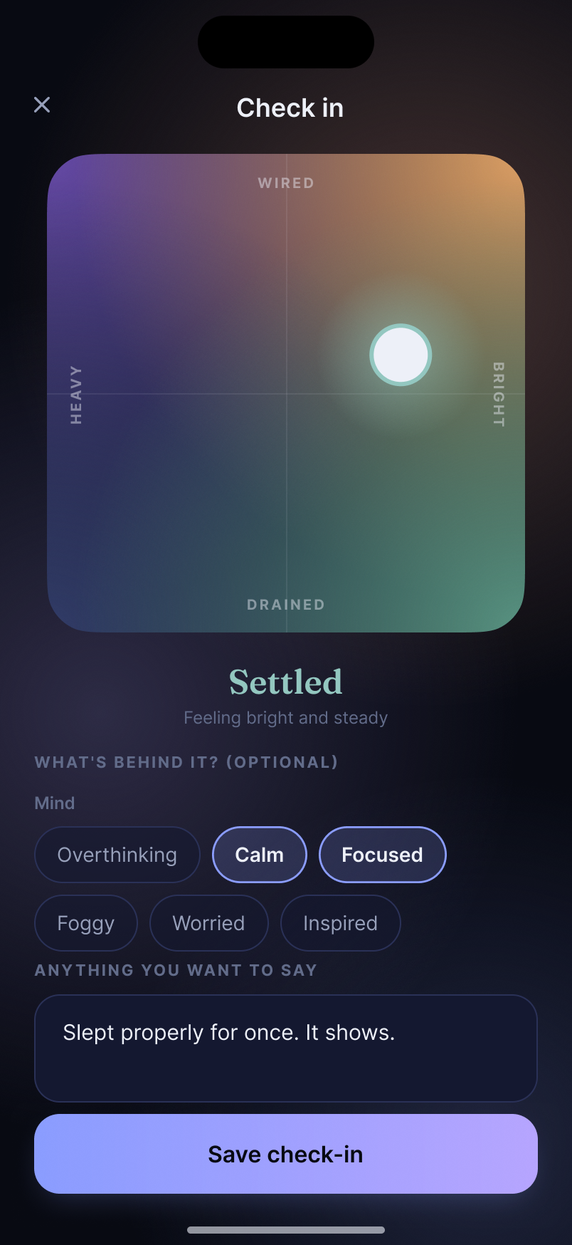 Molto check-in screen: a glowing dot placed on a two-axis mood map reading Settled, with feeling tags and a short note