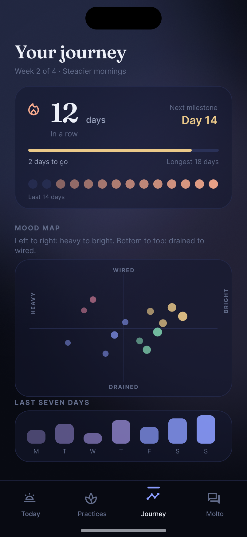 Molto Journey screen: a 12-day streak, a scatter-plot mood map and a week of mood bars