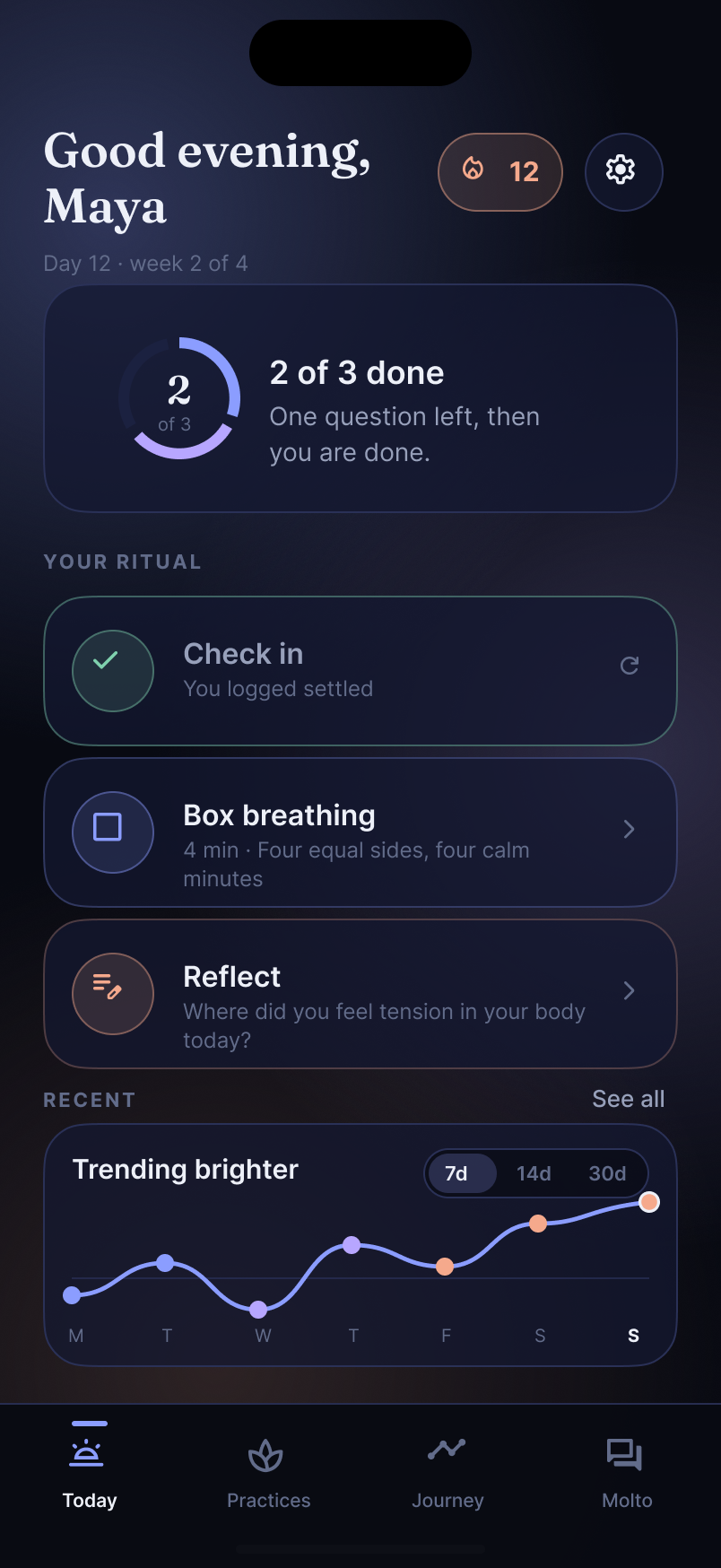 Molto Today screen: an evening ritual with check-in done, box breathing queued and a reflection prompt, above a week of brightening mood